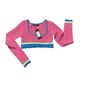Nasty Gal Pink Crochet Knit Long Sleeve Crop Top Stripe Stitch Detail New